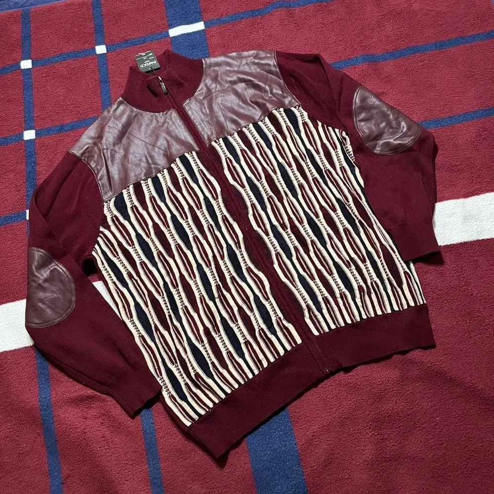 NWT Inserch coogi style PU Leather full zip patched elbow cardigans sweater 3XL